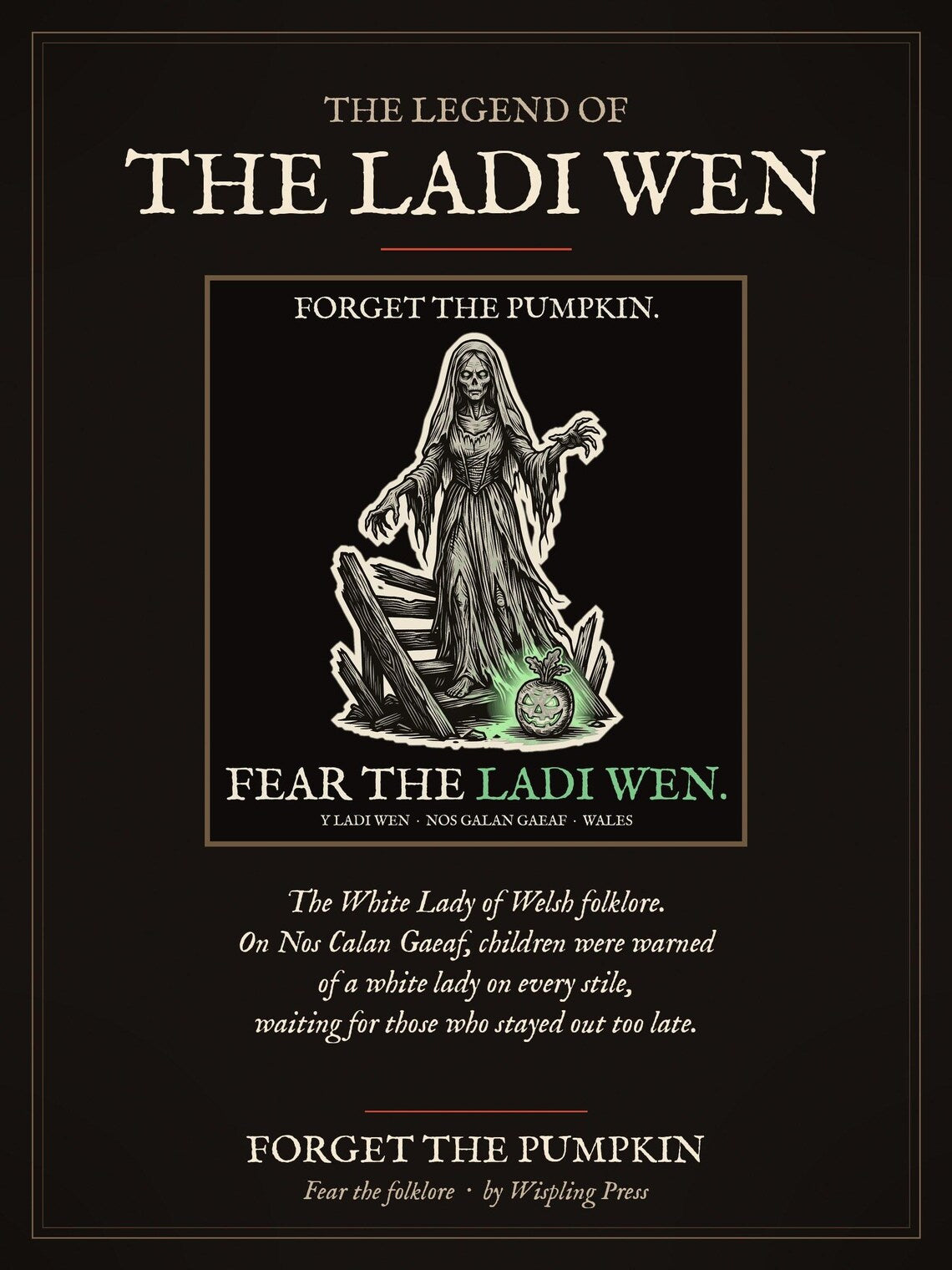 White Lady Ladi Wen Halloween T-Shirt, Welsh Folklore Woodcu