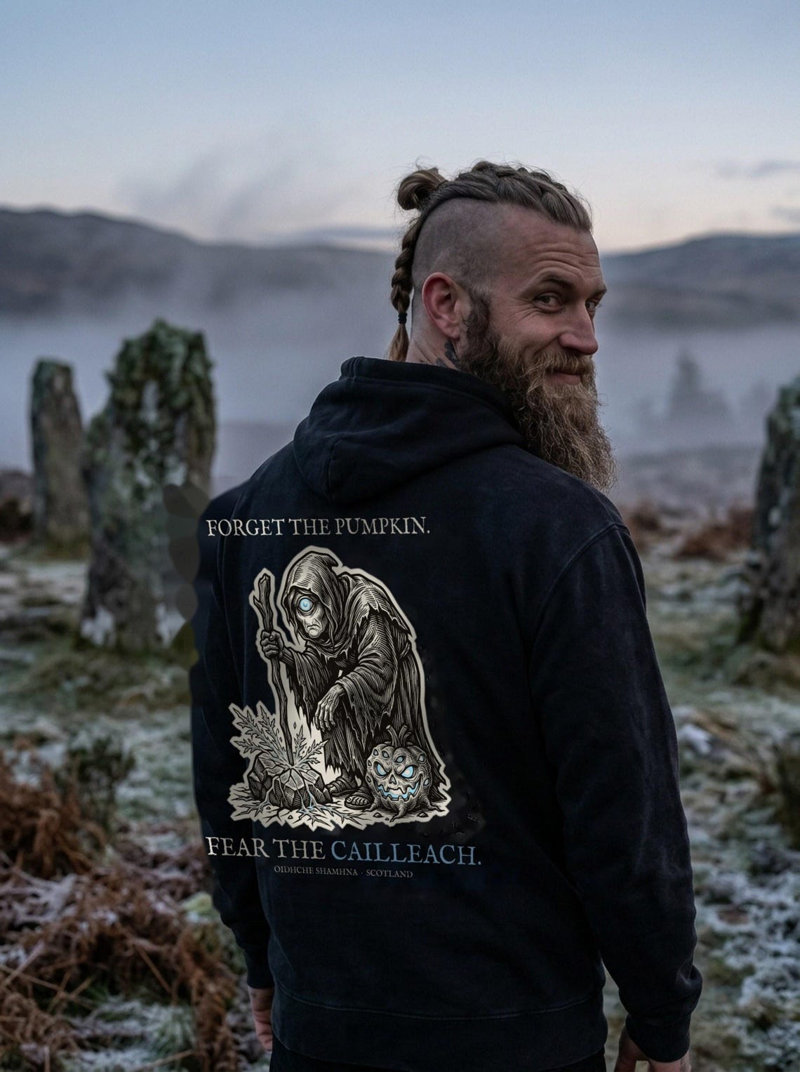 Cailleach Halloween Hoodie, Scottish Folklore Woodcut Print, Samhain Gift