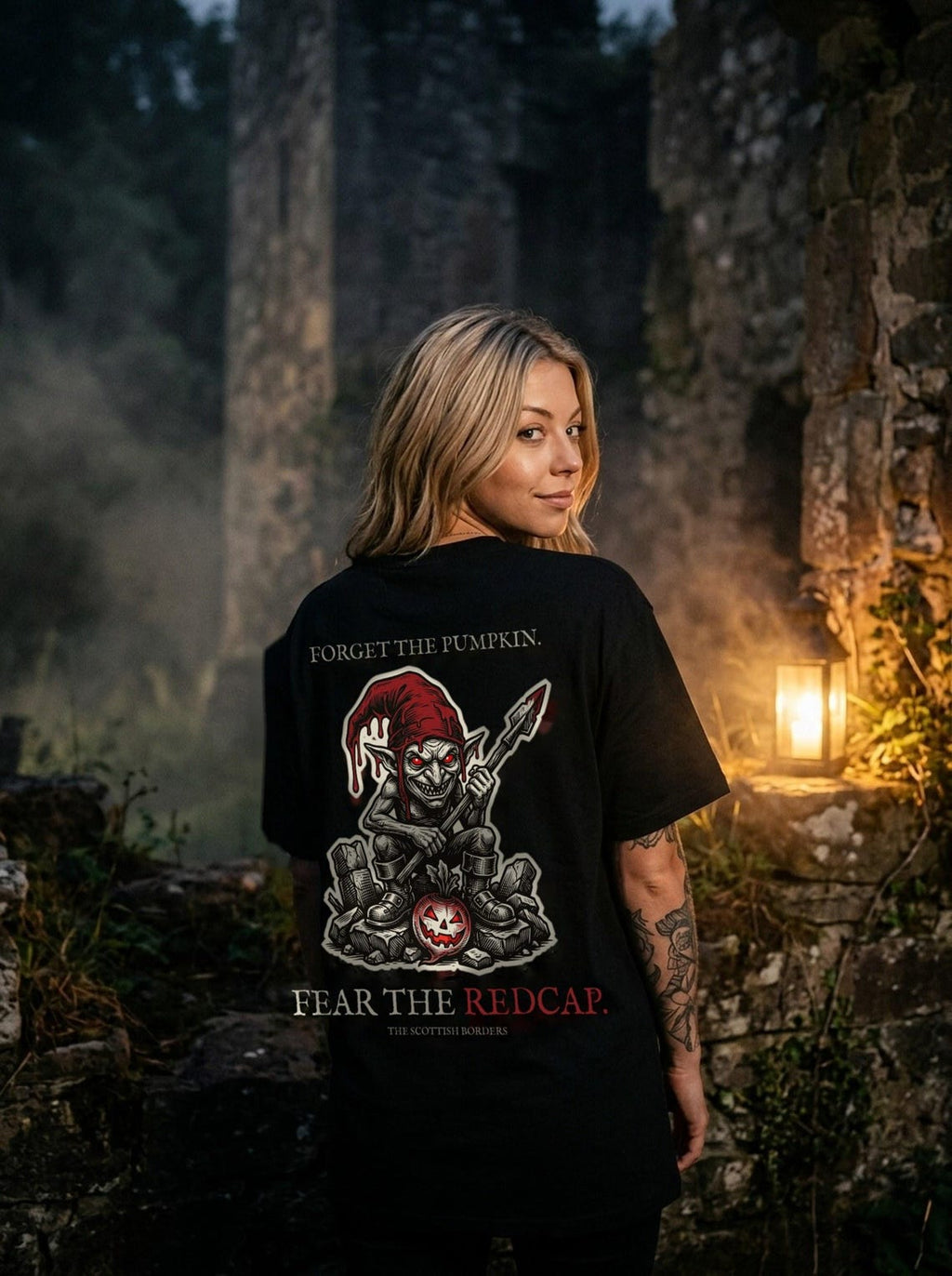 Scottish Folklore Redcap Halloween T-Shirt, Gothic Woodcut Print (Black)