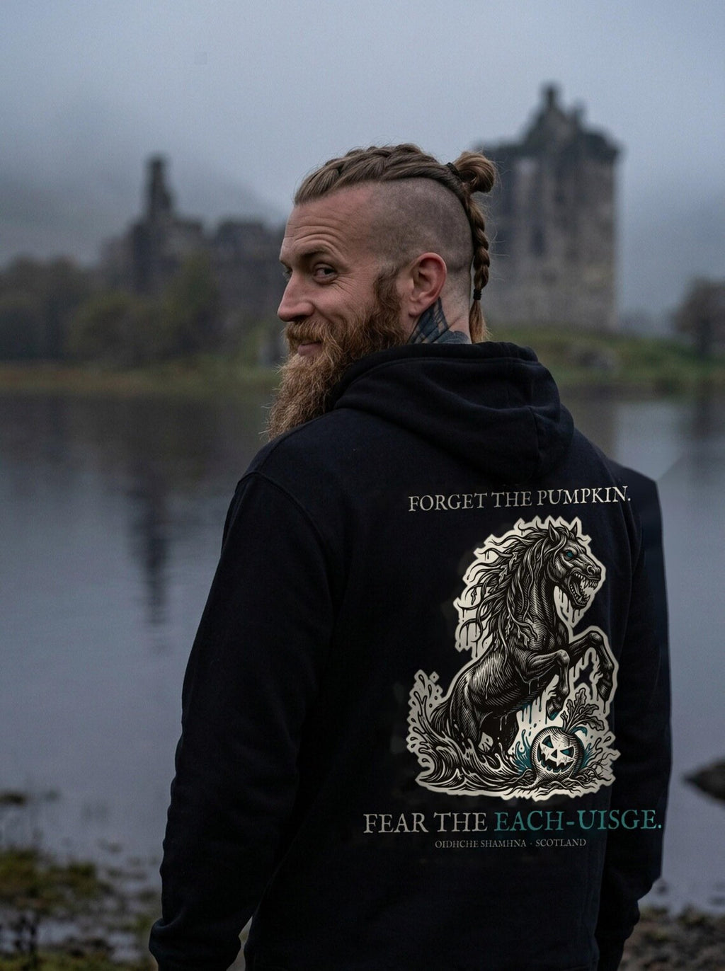 Kelpie Each-Uisge Hoodie, Scottish Folklore Halloween Outfit, Woodcut Print (Jet Black)