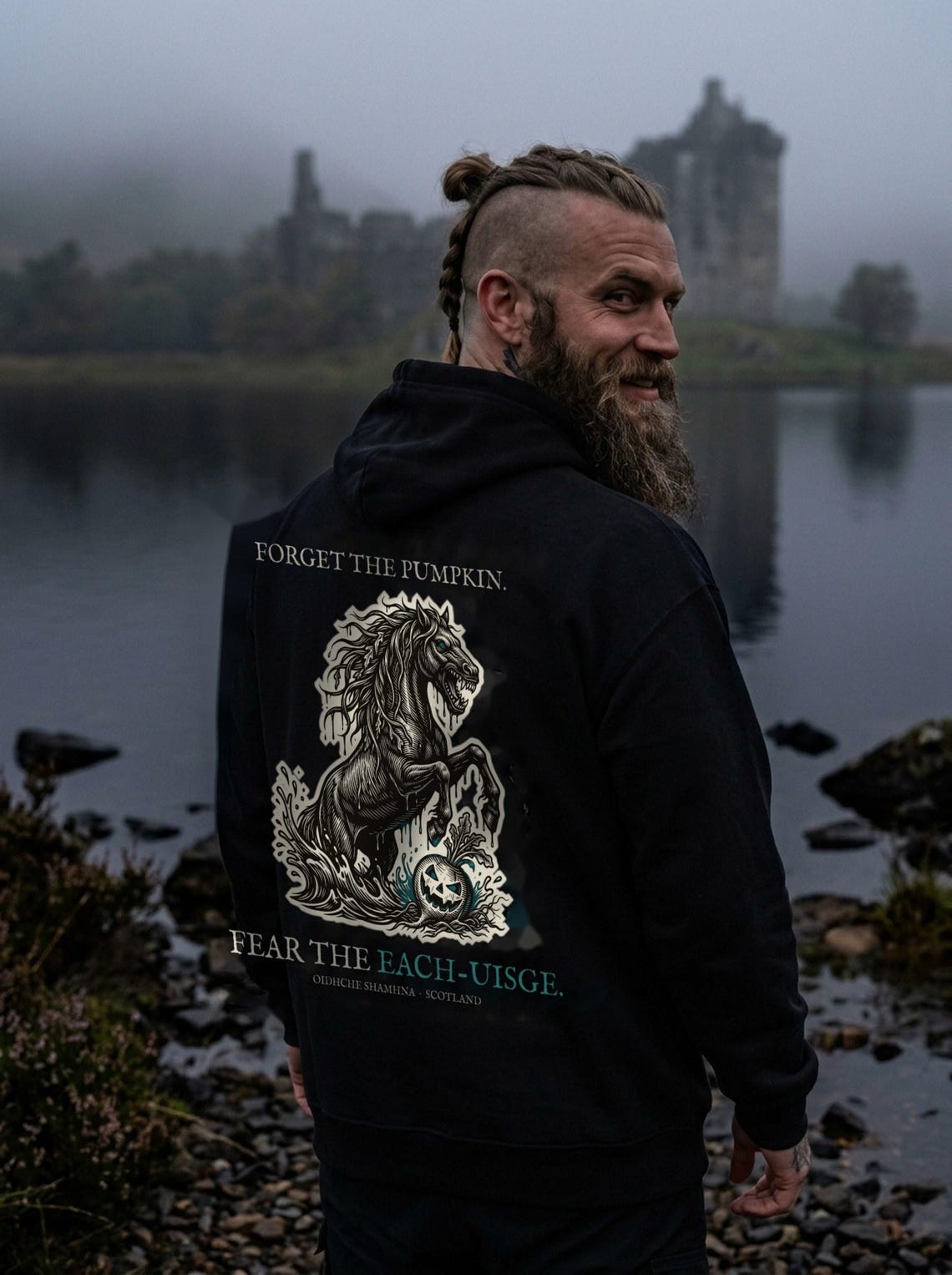 Kelpie Each-Uisge Hoodie, Scottish Folklore Halloween Outfit, Woodcut Print (Jet Black)