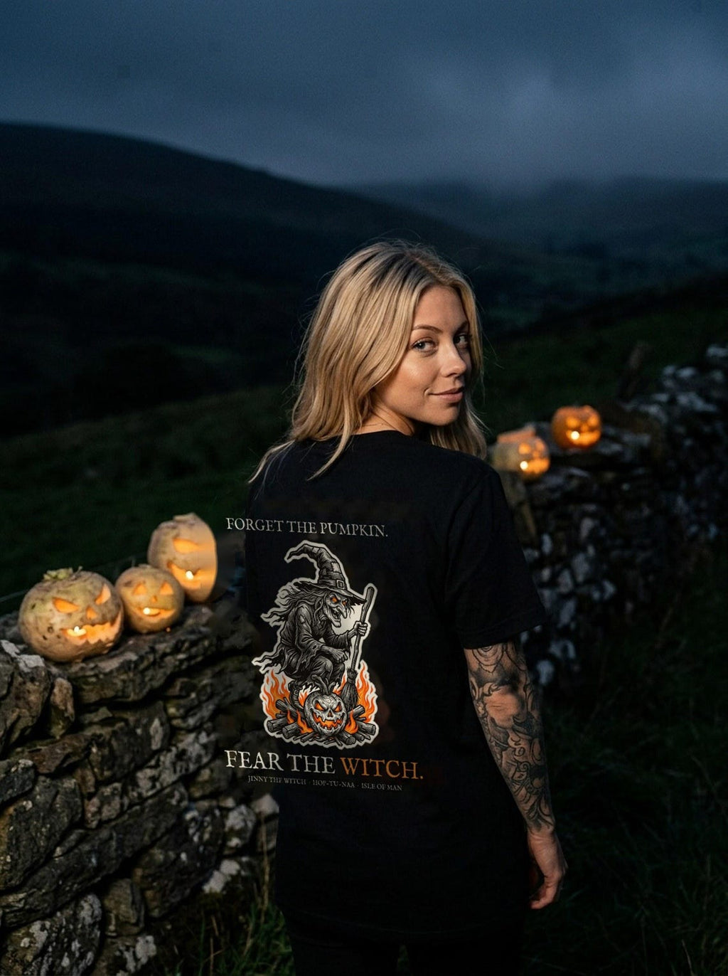 Jinny the Witch Halloween T-Shirt, Manx Folklore Woodcut Print, Hop-tu-Naa Gift