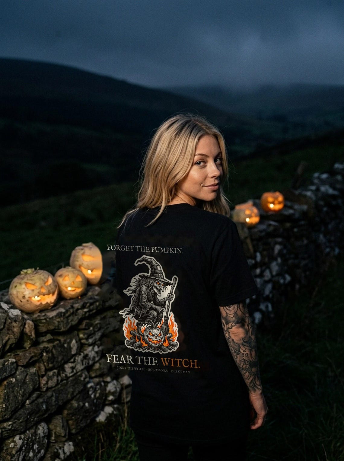 Jinny the Witch Halloween T-Shirt, Manx Folklore Woodcut Print, Hop-tu-Naa Gift