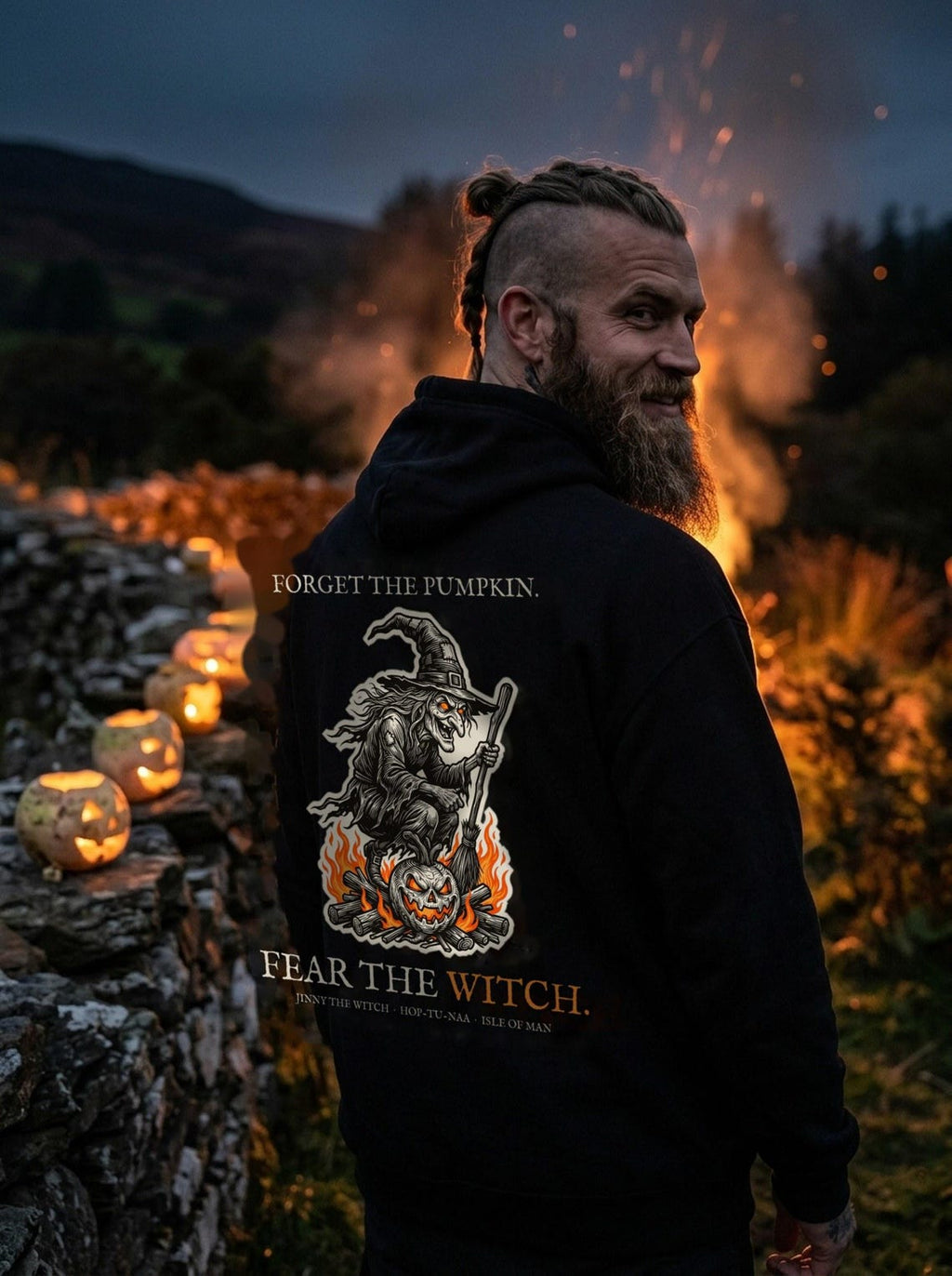 Jinny the Witch Halloween Hoodie, Manx Folklore Woodcut Print, Hop-tu-Naa Gift