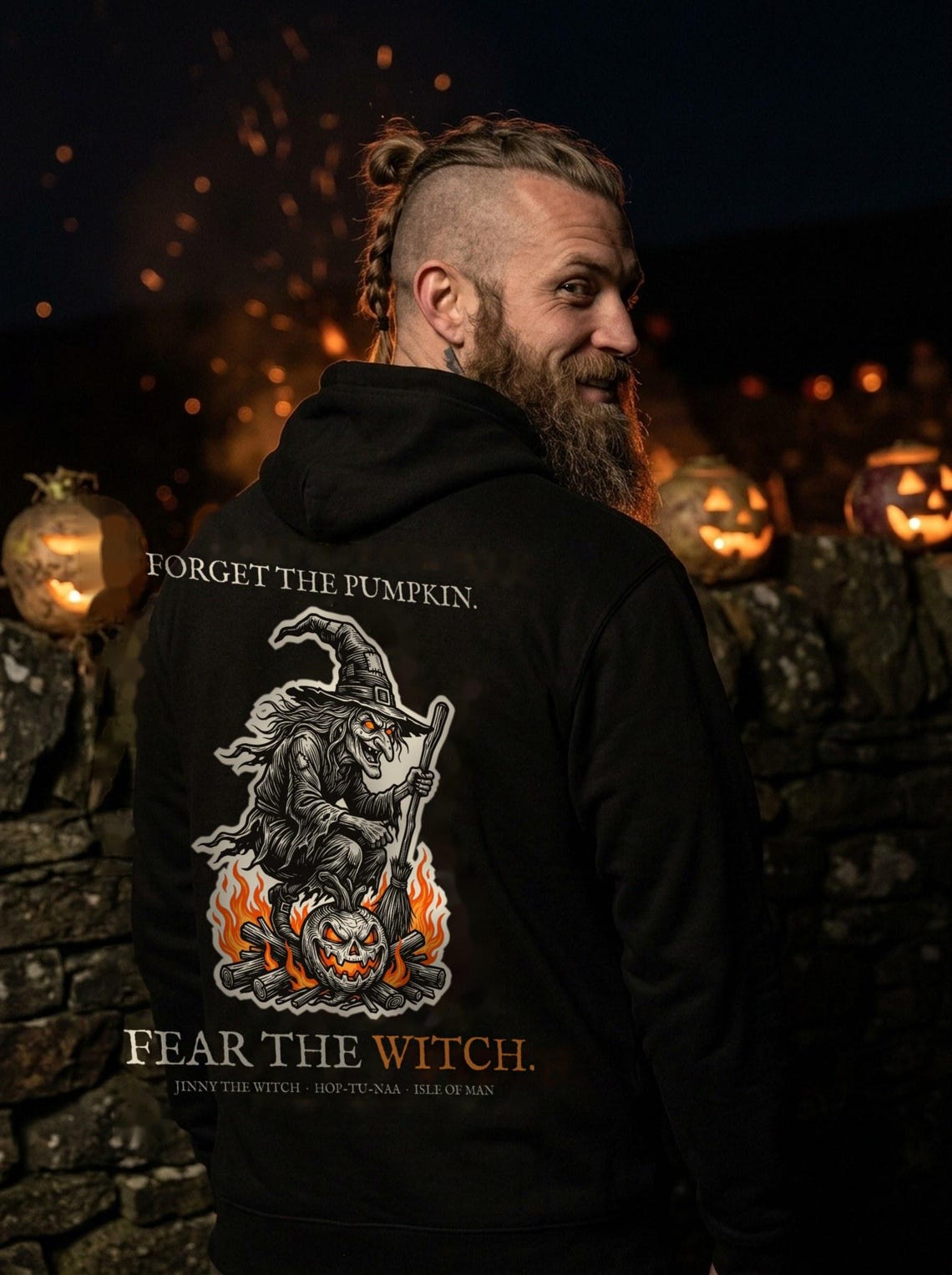 Jinny the Witch Halloween Hoodie, Manx Folklore Woodcut Print, Hop-tu-Naa Gift