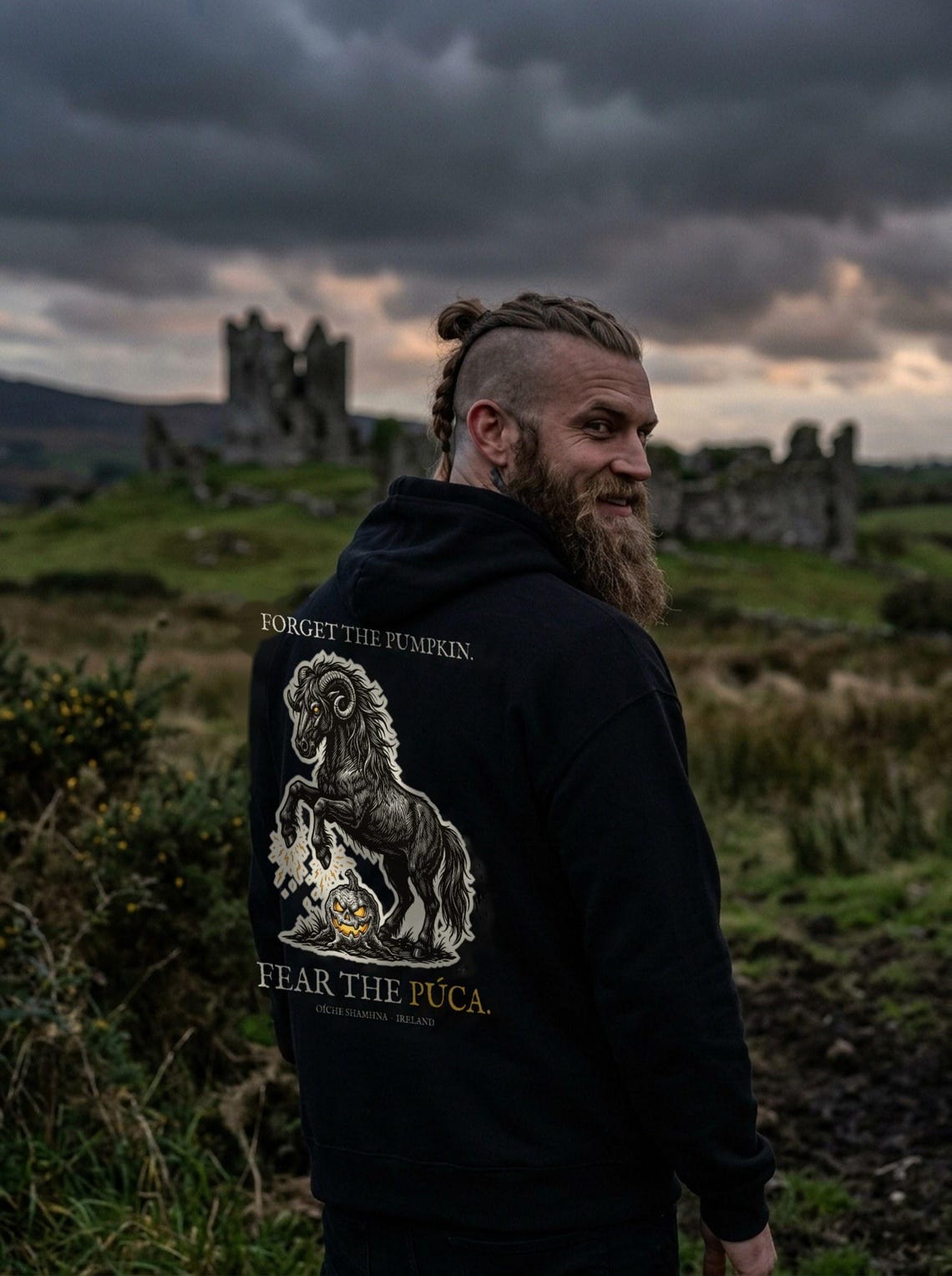 Pooka Púca Halloween Hoodie, Irish Folklore Woodcut Print, Samhain Gift