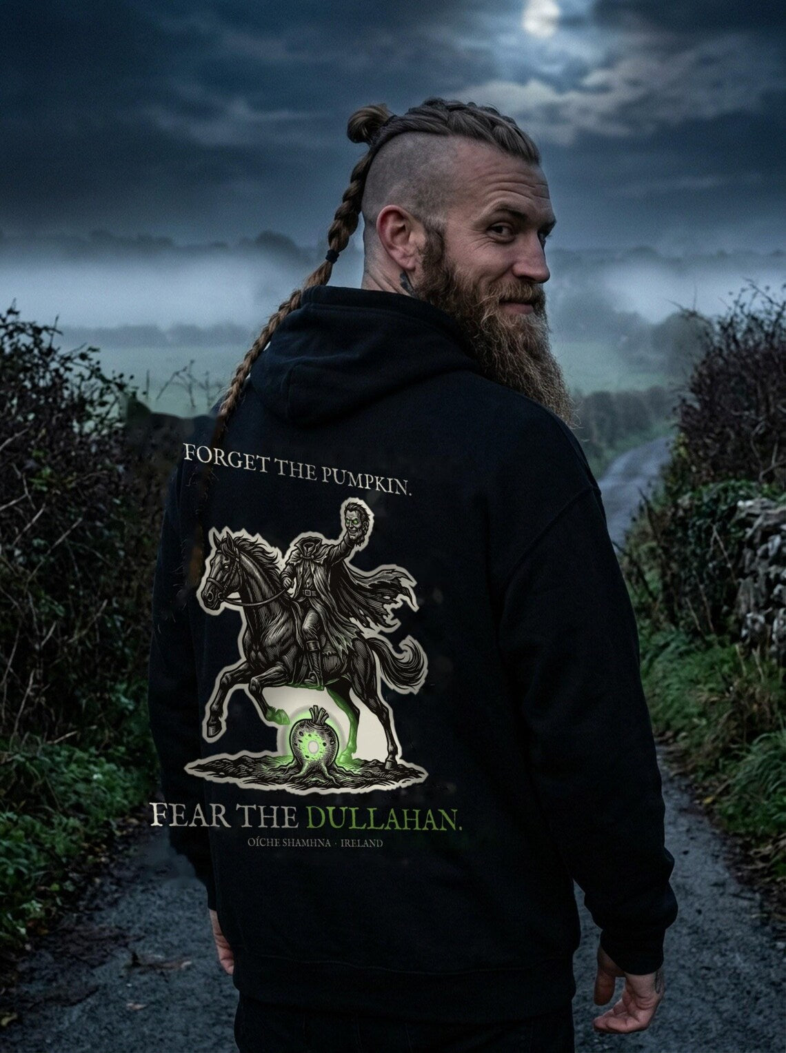 Headless Horseman Dullahan Hoodie, Irish Folklore Halloween Outfit, Woodcut Print (Jet Black)