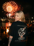 firedrake tee worn in scene, back print