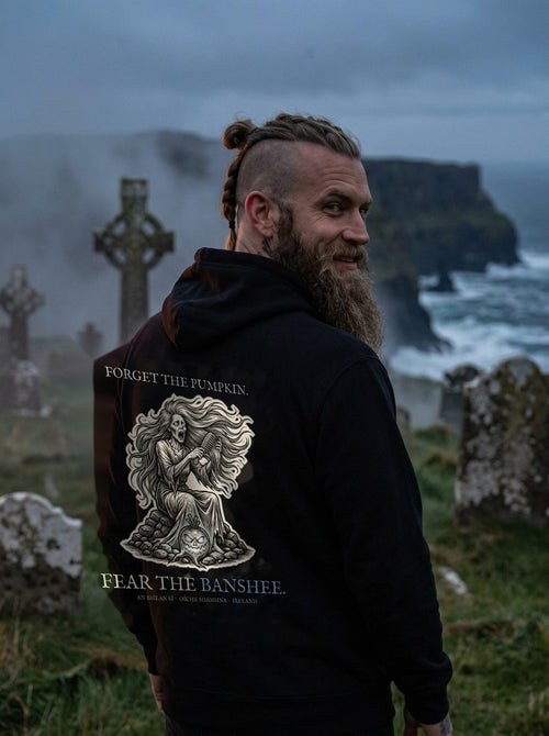 banshee hoodie worn in scene, back print