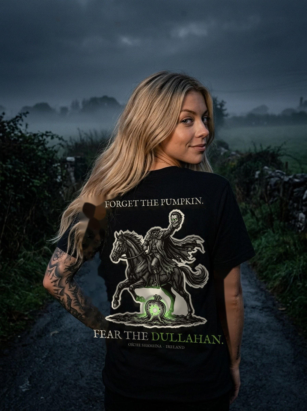 dullahan tee worn in scene, back print