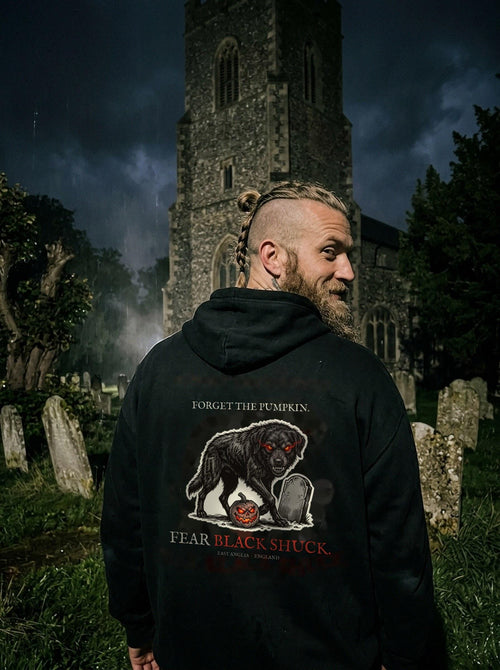 shuck hoodie worn in scene, back print