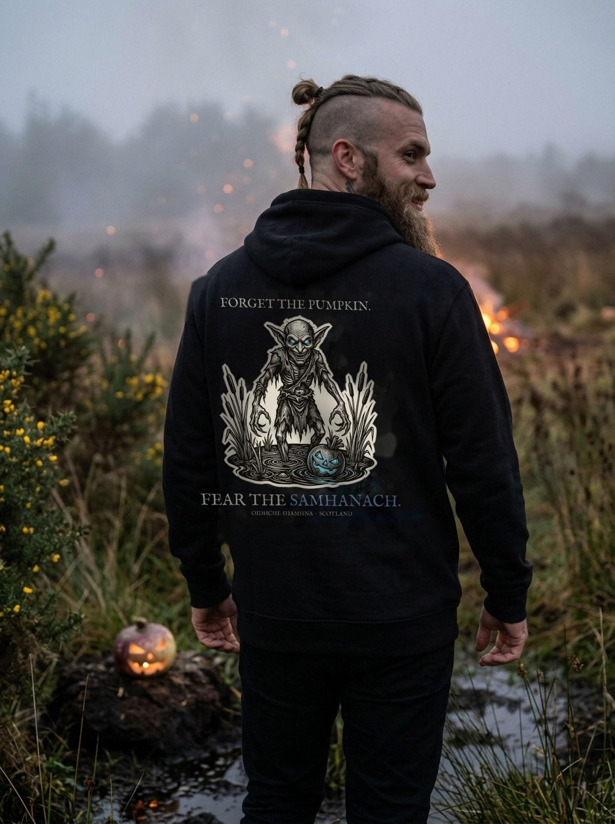 samhanach hoodie worn in scene, back print