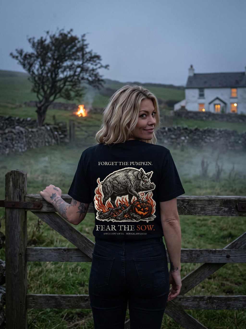 sow tee worn in scene, back print