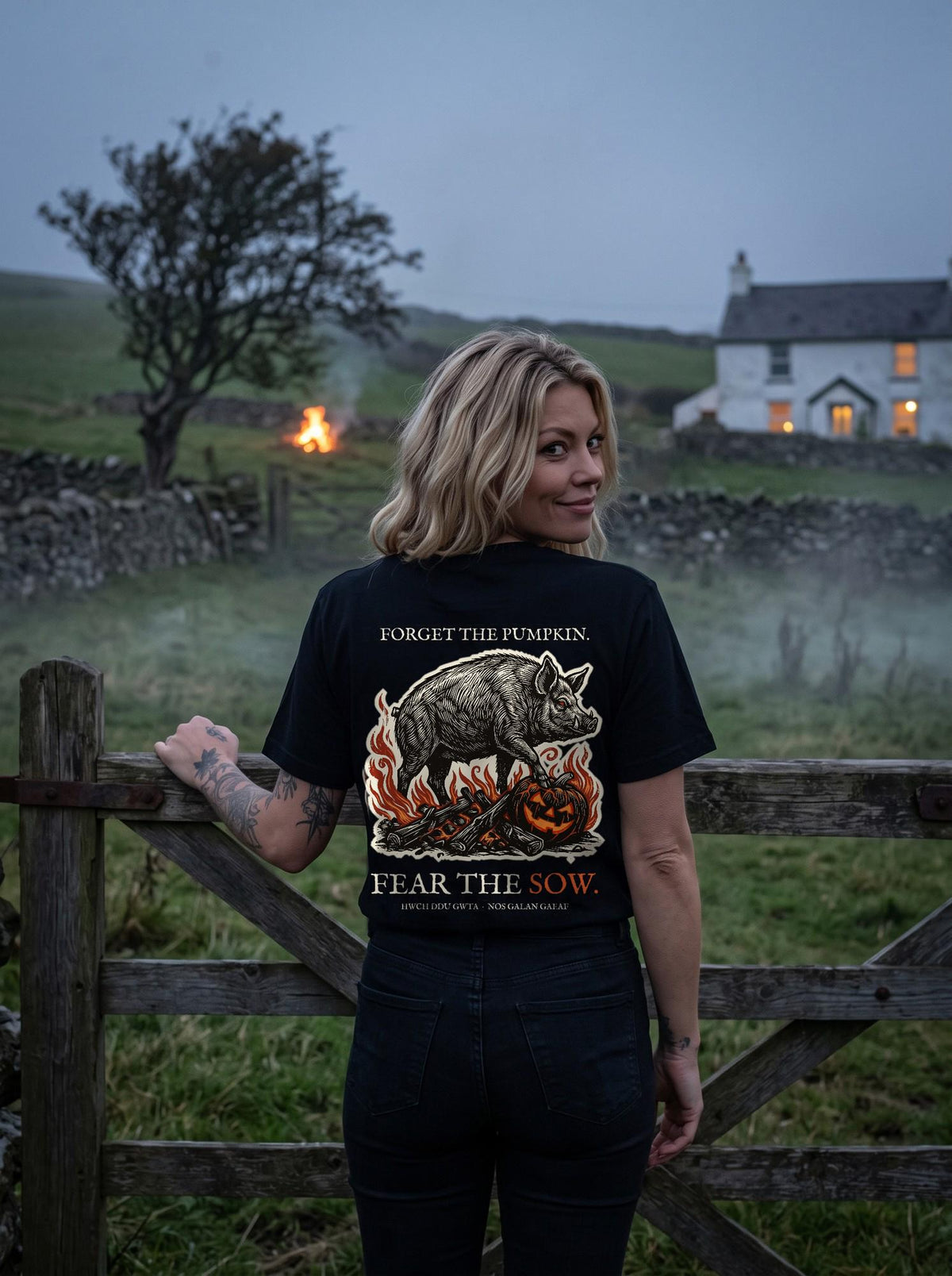 sow tee worn in scene, back print