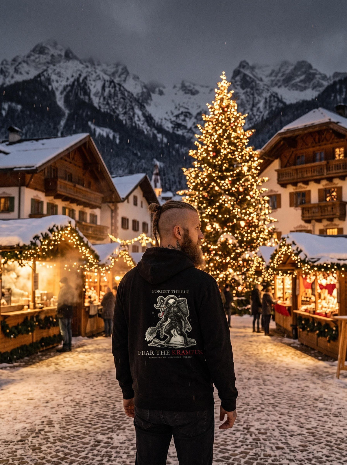 Krampus hoodie worn in a winter scene, showing the big back print