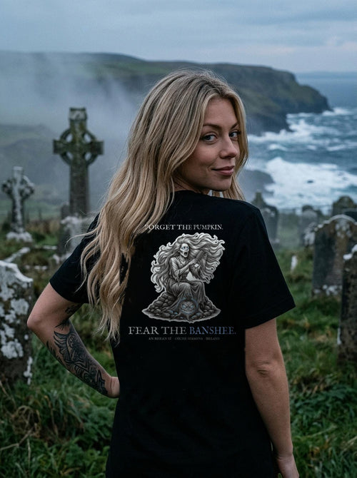 Banshee tee worn in scene, back print