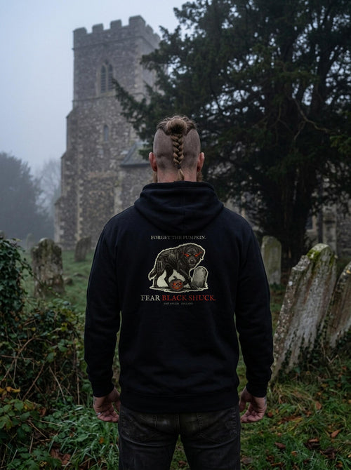 Black Shuck hoodie worn, straight-on back print view
