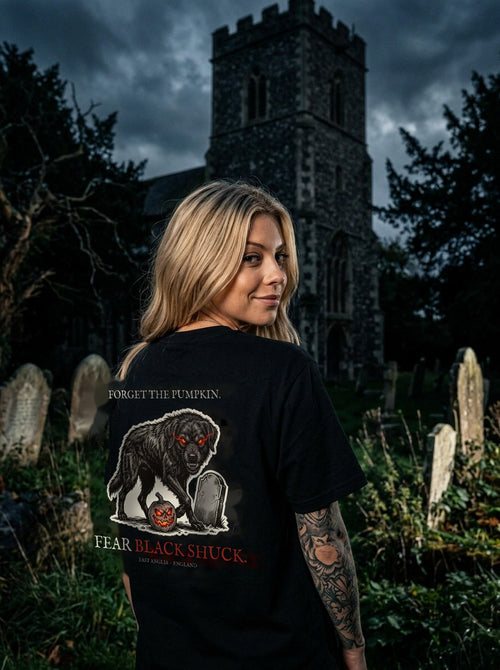 shuck tee worn in scene, back print