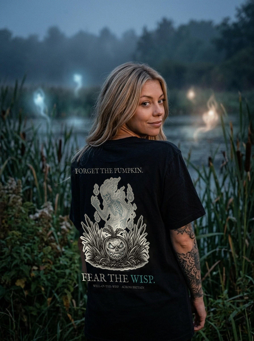 wisp tee worn in scene, back print