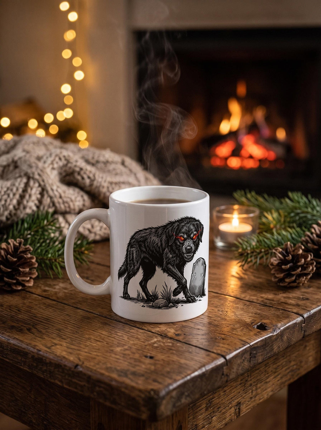 Black Shuck mug by the fire, Forget The Pumpkin by Wispling Press