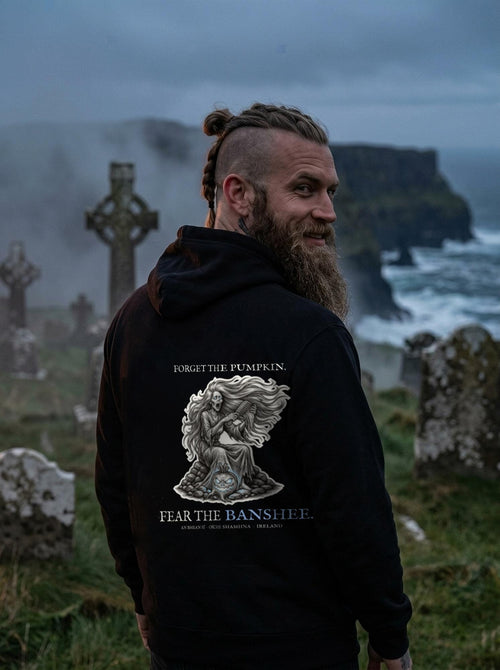 Banshee hoodie worn in scene, back print