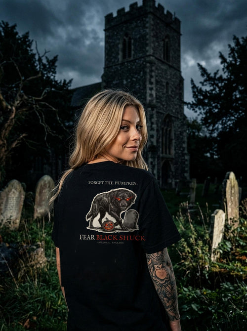 Black Shuck tee worn in scene, back print